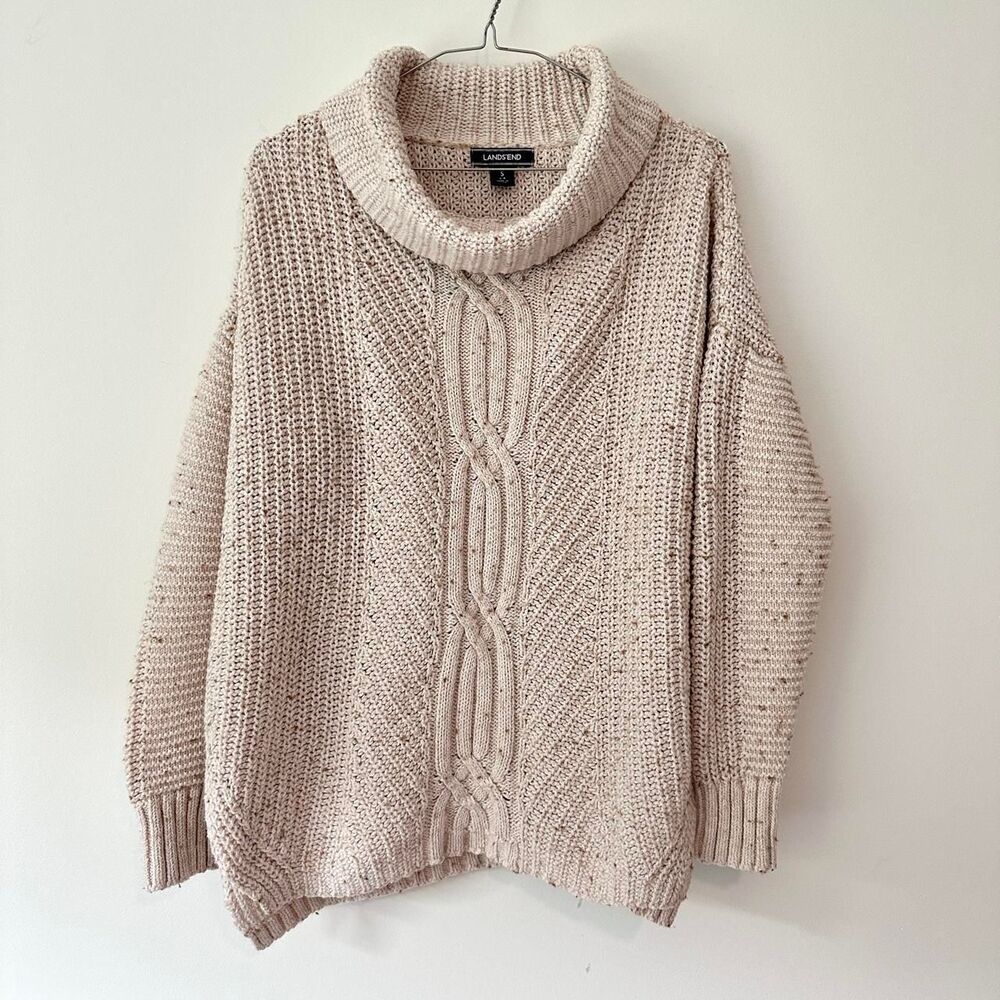 LANDS' END Cable Knit Cowl Neck Sweater Cream Oversized fisherman cottagecore